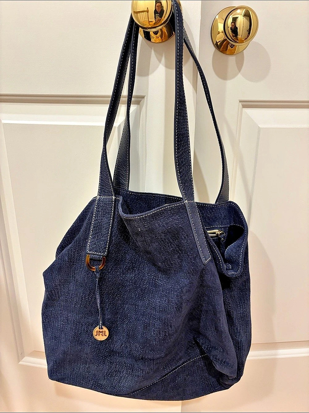 J McLaughlin Denim Tote Bag with JMcL Monogram Charm - Blue